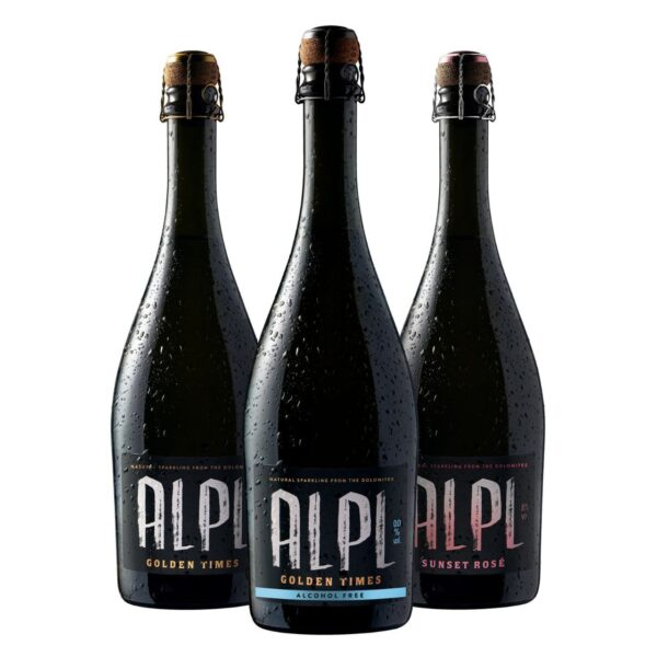 Three bottles of ALPI sparkling wine, including Golden Times, alcohol-free, and Sunset Rosé varieties, on a white background.
