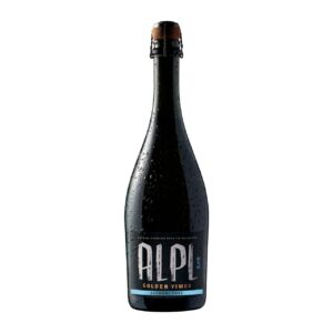 Bottle of ALPI Golden Times, an alcohol-free natural sparkling beverage from the Dolomites, covered in condensation.