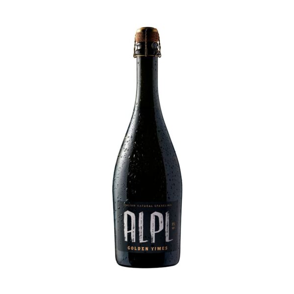 Chilled bottle of ALPL Golden Times Italian Natural Sparkling wine with a cork closure.
