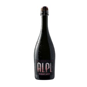 Bottle of Alpi Sunset Rosé sparkling wine with condensation, a black bottle, and rose lettering.