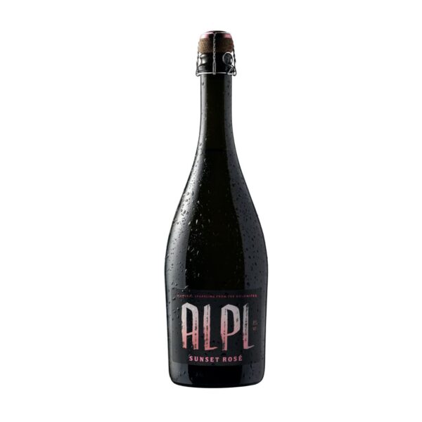 Bottle of Alpi Sunset Rosé sparkling wine with condensation, a black bottle, and rose lettering.