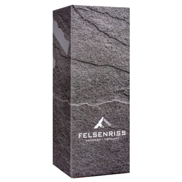 Felsenriss distillery product packaging box with a textured stone design and logo on a white background.