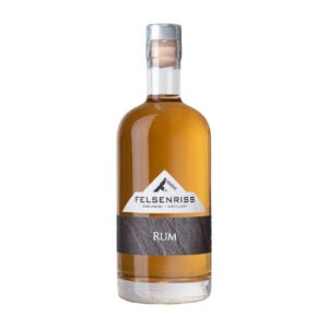Bottle of Felsenriss Rum Brennerei Distillery with a clear bottle and cork.
