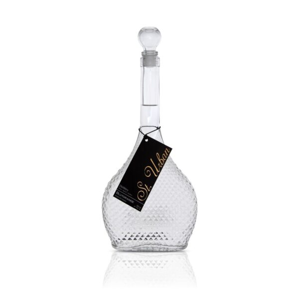 St. Urban Blutorange Vodka in a textured glass bottle with a round stopper and a black tag on a white background.