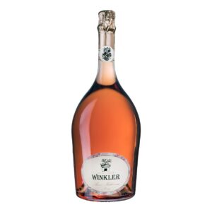 A bottle of Winkler Anna Katharina N°5 rosé wine with a gold-foiled cork and ornate label, isolated on a white background.