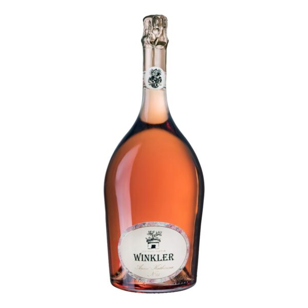 A bottle of Winkler Anna Katharina N°5 rosé wine with a gold-foiled cork and ornate label, isolated on a white background.