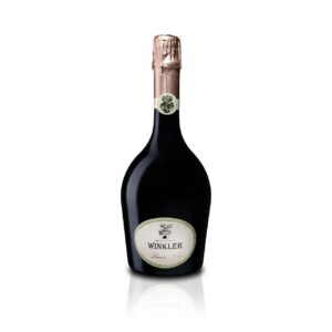 A bottle of Winkler Lamm Nr. 12 sparkling wine with a rose gold foil top and white background, reflecting below.