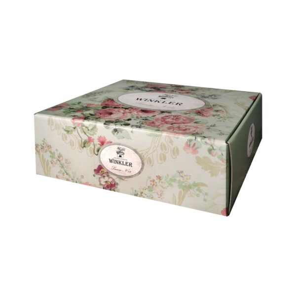 Winkler box with floral pattern, featuring the brand name and logo, showcasing vintage-inspired packaging.