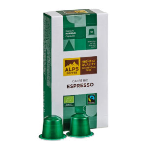 Box of Alps Coffee Espresso capsules with two green coffee pods in front. Box says 'Roasted in the Italian Alps'.