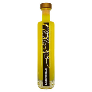 Bottle of St. Urban Limoncello, a yellow lemon liqueur with an elaborate gold and black label and wooden stopper.