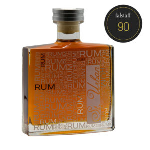 St. Urban Rum, falstaff 90 rated. Unique bottle with 'RUM' text pattern. Bottle cap is silver.