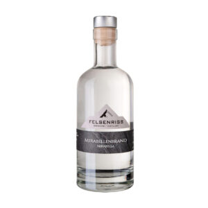A bottle of Felsenriss Mirabellenbrand Mirabella, a clear distilled spirit, is centered against a plain background.
