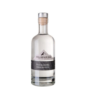 Bottle of Felsenriss Vogelbeere Sorba Selvatica clear spirit with mountain and bird logo on the label.