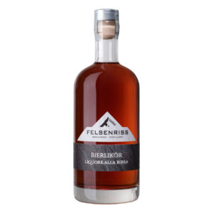 Bottle of Felsenriss Bierlikör, a beer-flavored liqueur, with a silver cap and a label featuring a mountain logo.
