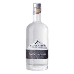 Bottle of Felsenriss Gewürztraminer, a clear spirit with mountain peak logo, against a white background.