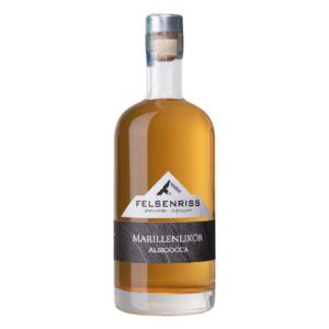 Bottle of Felsenriss Brennerei Distillery Marillenlikör Albicocca, a golden-hued apricot liqueur.