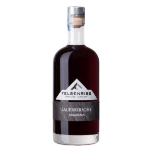 Bottle of Felsenriss Brennerei Distillery Sauer Kirsche Amarena liqueur against a white background.