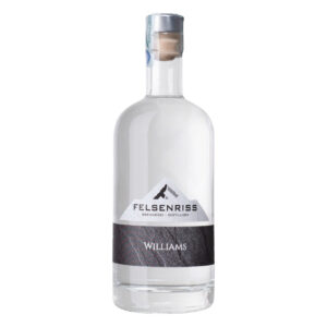Bottle of Felsenriss Williams schnapps with a silver cap and labeled with a mountain motif.