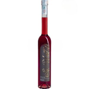 A bottle of St. Urban Kirsch liqueur, showcasing its dark red color and elegant label against a white background.