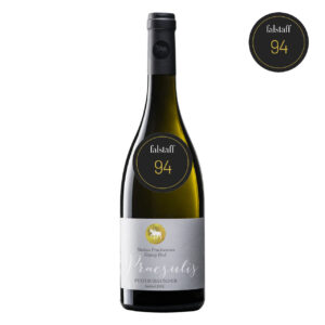 Bottle of Praesulis Weissburgunder wine, rated 94 by Falstaff. White label, horse logo. Südtirol DOC.