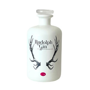 Bottle of Rudolf Gin with a red nose and antlers, against a plain white background.