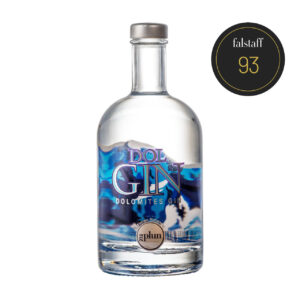 Bottle of DOL Gin Dolomites Gin, with a Falstaff rating of 93 displayed next to it.