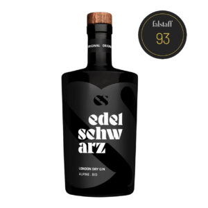 Bottle of Edel Schwarz Arz London Dry Gin, rated 93 by Falstaff, with a wooden stopper and dark label.
