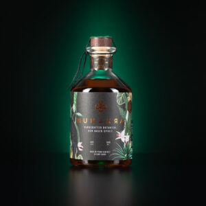 Bottle of Munakara rum, a handcrafted botanical spirit, featuring a detailed label against a dark green background.